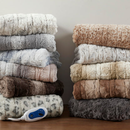 Beautyrest Zuri Reversible Faux Fur to Mink Electric Blanket, Auto Shut Off, Virtually Zero EMF, Multi Heat Setting, UL Certified, Machine Washable, Natural Marble Throw 50x70