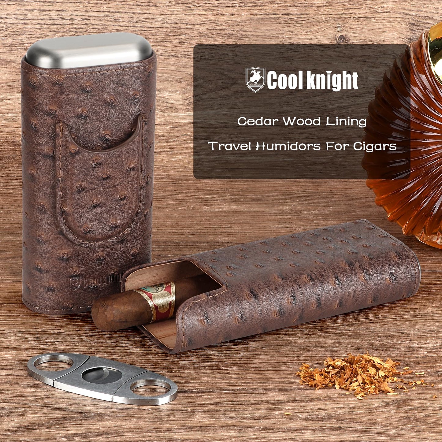 COOL KNIGHT Leather Cigar Case - Cedar Wood Lining Travel Humidors for Cigars - Cigar Accessories Include Stainless Steel Cigar Cutter - Cigar Gift Box for Cigar Lovers (Ostrich Texture)