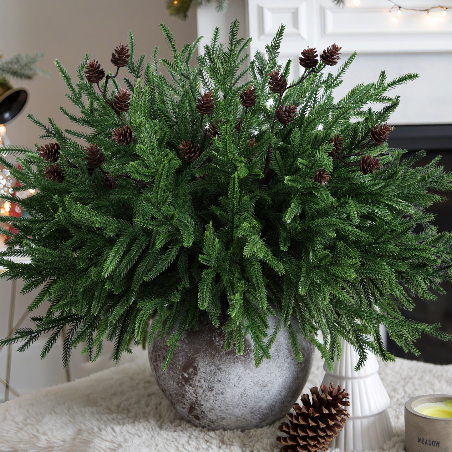 Artificial Christmas Norfolk Pine Stems Branches for Vases,12 Bundles Fake Pine Stems with 2 PCS Small Pinecones Branches Faux Evergreen Real Touch Greenery for Xmas Holiday Winter Table Indoor Decor