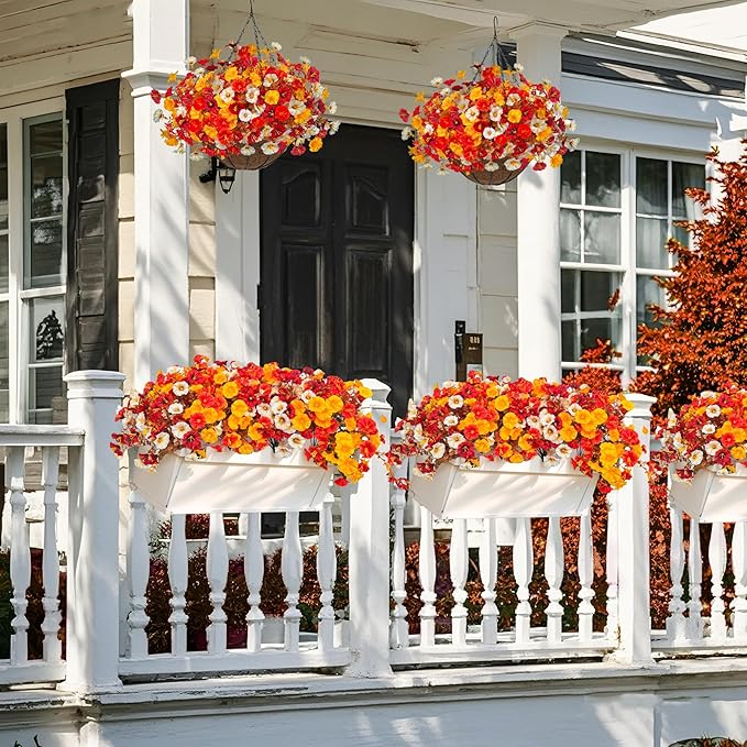 Artificial Fall Flowers with Hanging Baskets Outdoors, Faux mums for Outdoor planters, Fake Mums Petunia Artificial Hanging Plants UV Resistant for Autumn Porch Garden Home Yard Decor (Deep Autumn)