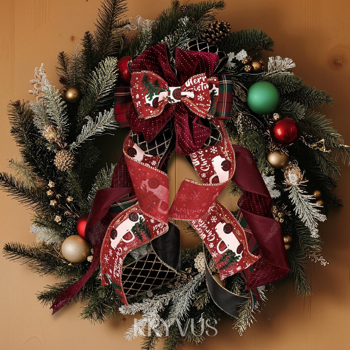 Kryvus Christmas Wired Ribbon, 2.5 Inch x 10 Yards, Red Linen Christmas Ribbon with Gold Wired Edge for Wreaths, Gift Wrapping, Christmas Tree Decorations & Holiday Crafts (Truck/Snow)