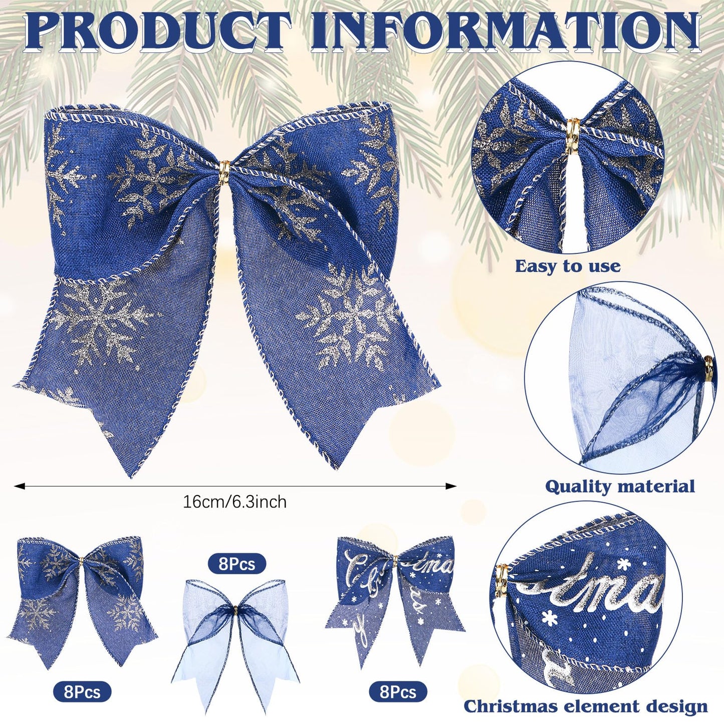 Norme 24 Pcs Navy Blue Christmas Ribbon Bows with Twist Tie Pretied Premade Navy Blue and Gold Ribbon Bows for Xmas Tree Wreath Garland Home Decor Indoor Outdoor Decorations