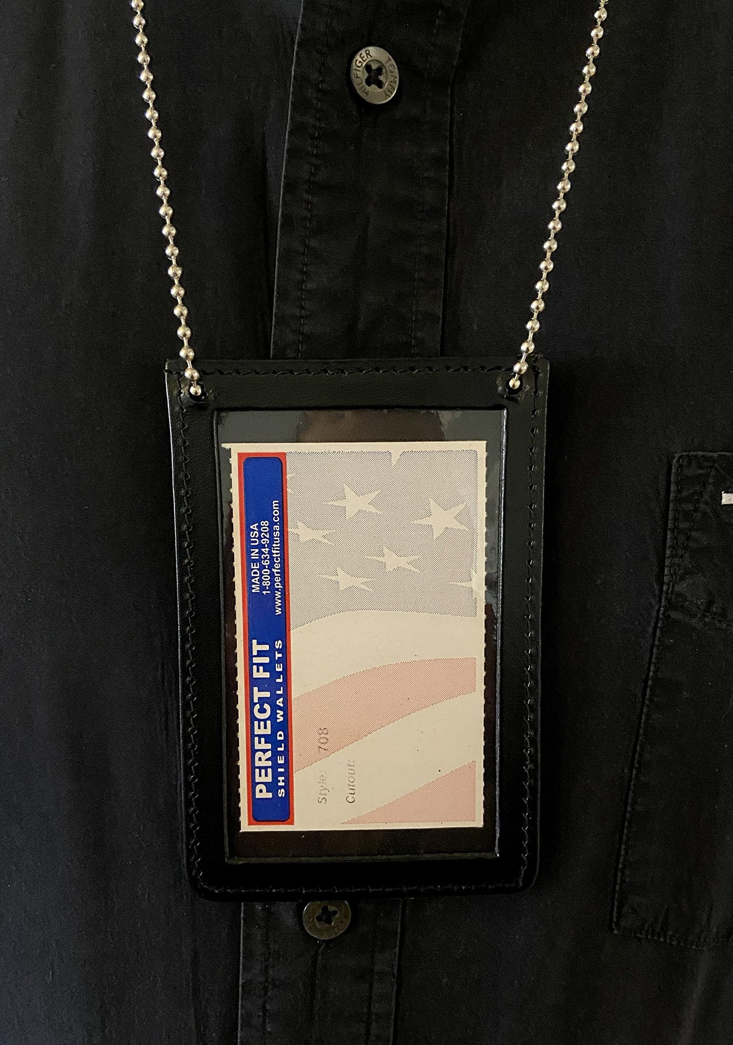 Neck Chain Double Sided ID Holder with 2 Clear Picture ID Windows, Leather Badge for Credential Pass to Wear Around The Neck for Police Law Enforcement, Business, Factory Worker (Black) (Vertical)