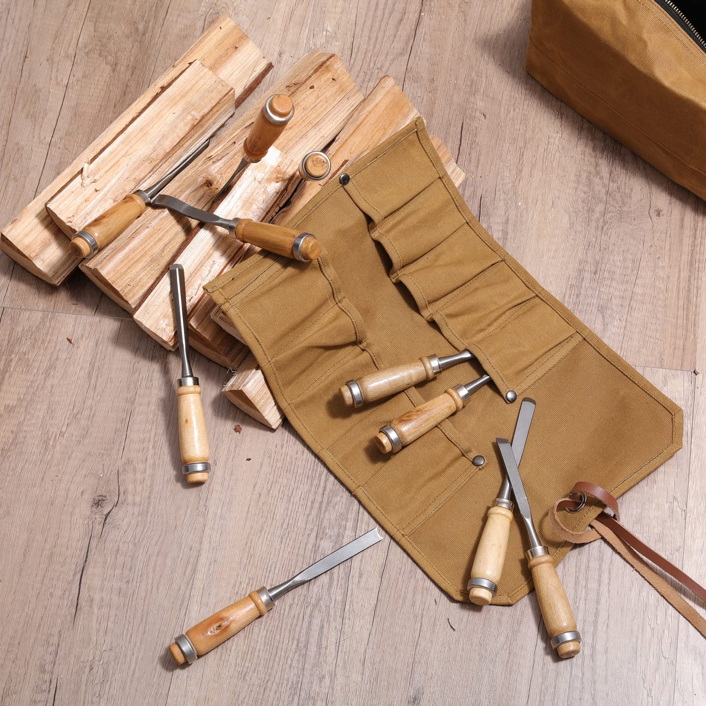 Tool Roll, Heavy Duty Waxed Canvas Small Tool Bag Tool Pouch for Chisels, Hammers, Gouges Palm Tools (Khaki)
