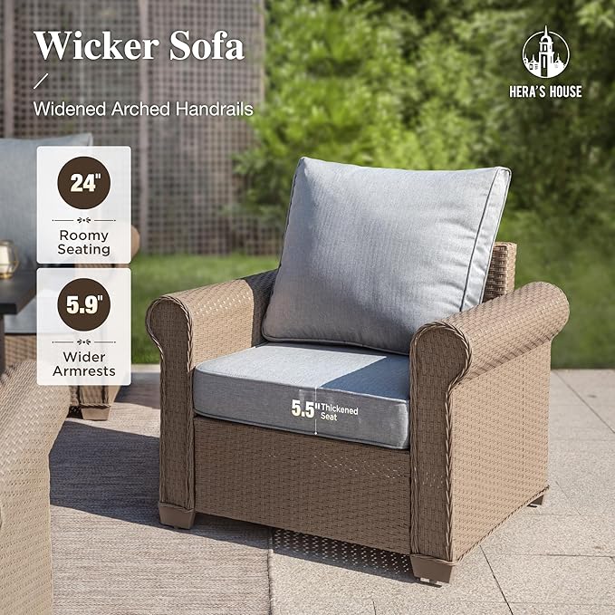 HERA'S HOUSE 6-Piece Patio Furniture Set, All Weather 7 Seats Outdoor Wicker Sofa with 44" Coffee Table, 5.5" Thick Waterproof Cushion Conversation Couch Set for Garden Deck Backyard, Grey