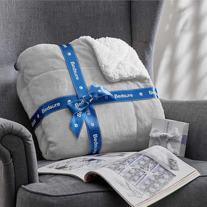 Bedsure GentleSoft Sherpa Fleece Blankets Queen Size for Bed - Thick and Warm, Soft Fuzzy Plush Queen Blanket for Winter, Light Grey, 90x90 Inches