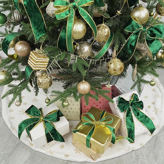 MEEDEE Crushed Green Velvet Ribbon with Gold Back 2.5 inch Double Sided Christmas Wired Ribbon 10 Yards for Christmas Tree Decoration, Baskets, Wreaths, Holiday Projects, Wedding Decor and Accents