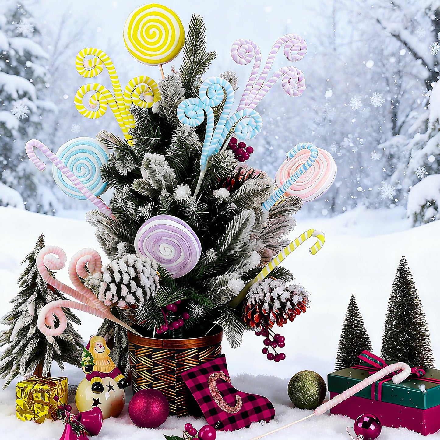 Solsew 12 Pcs Christmas Tree Decorations Picks, 14 Inch Pastel Christmas Curly Candy Cane Pick Macaron Woolen Xmas Tree Topper Ornaments for Holiday Party Decor
