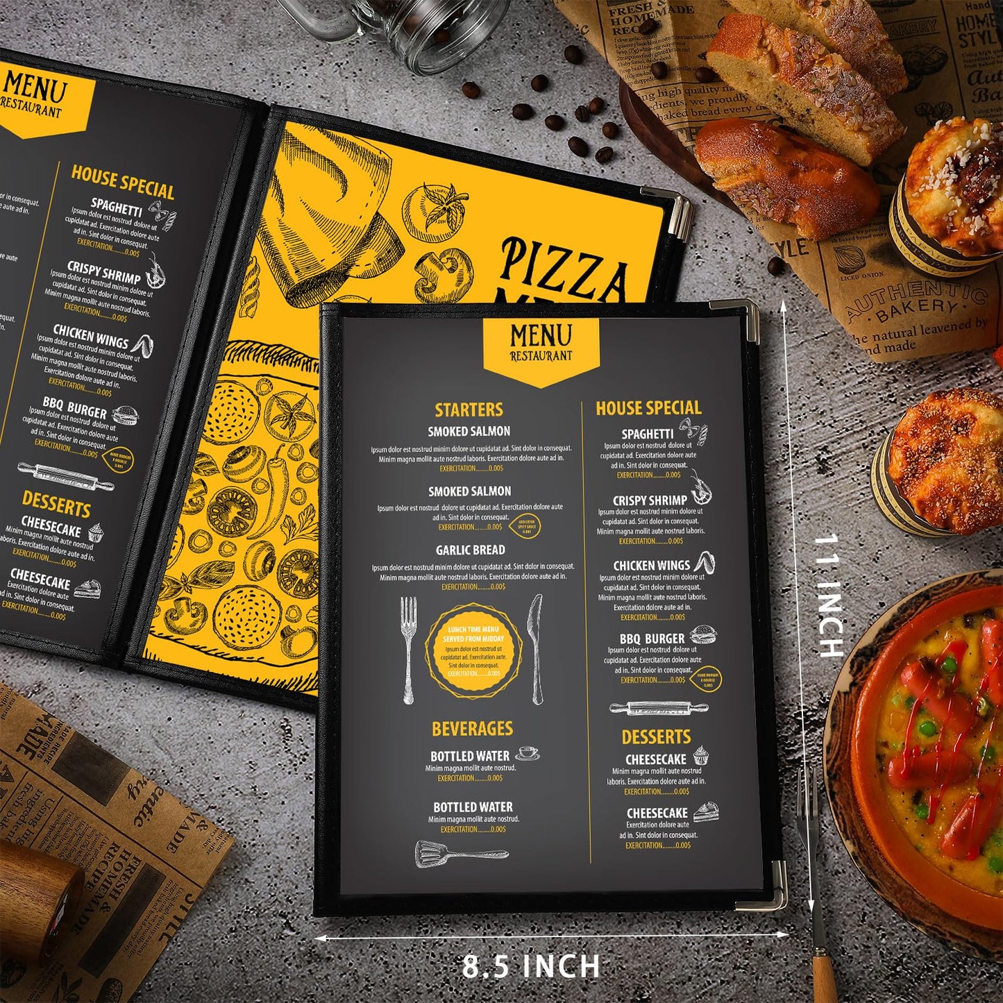Henoyso 50 Pcs 8.5 x 11 Inch Menu Covers 4 Page 8 View Transparent Restaurant Covers Book Fits A4 Size Paper, Bar Cafe Clear Menu Holder Folder with Leatherette Trim and Decorative Corners, Black