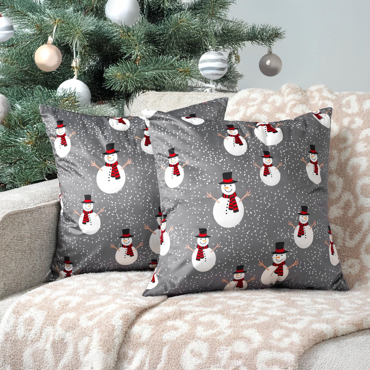 PAVILIA Holiday Velvet Fleece Throw Pillow Covers 20x20 Set of 2, Soft Decorative Cushion Covers for Couch Sofa Bed, Christmas Winter Square Accent Pillow Cases with Hidden Zipper, Snowman Gray