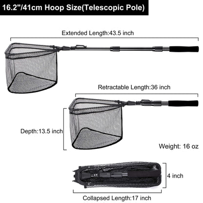 PLUSINNO Fishing Net Fish Floating Landing Net, Kayak Nets with Fixed Foldable Telescopic Pole Handle,Bass Trout Fishing Nets with Nylon Mesh for Pond Lake River,Fishing Gear Gifts for Men,Black 1.2M