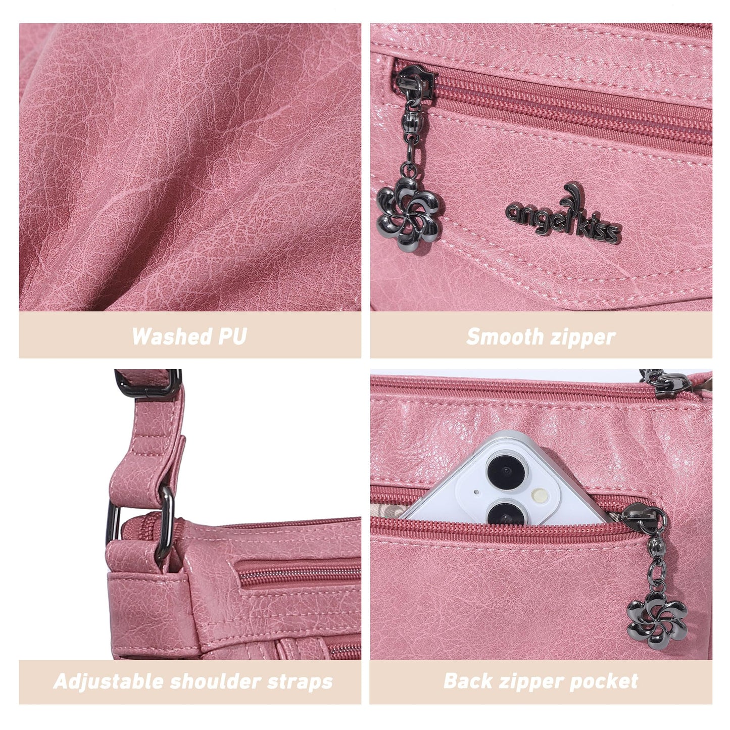 Angel Kiss Small Crossbody Bags for Women, Multi-Pocket Washed Vegan Leather Purses, Lightweight Travel Shoulder Bag with Adjustable Strap for Everyday