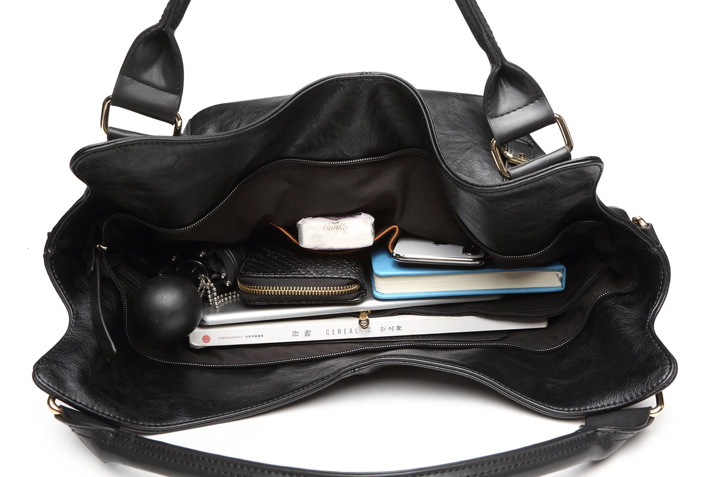 Women Tote Bag Handbags PU Leather Fashion Hobo Shoulder Bags with Adjustable Shoulder Strap (Black, L)