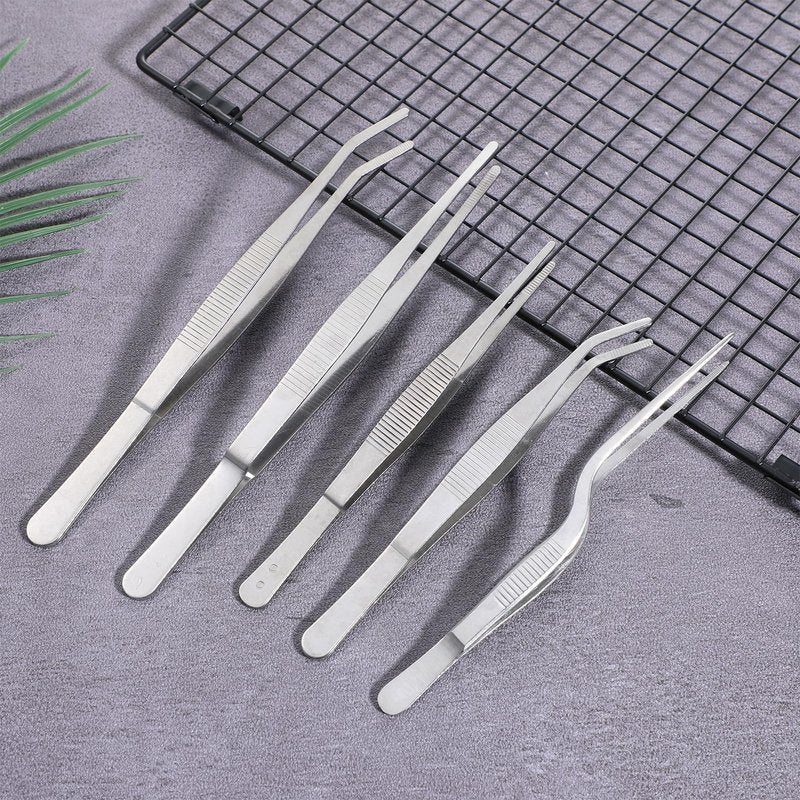 Stainless Steel Tweezers Set, 5Pcs Food Tweezers Precision Tweezer for Cooking Repairing Jewelry-Making DIY Craft Baking Cake Decoration Small Gardening (Silver)