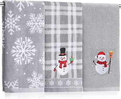 3 Pcs Winter Hand Towels for Bathroom Snowflake Snowman Embroidered Bathroom