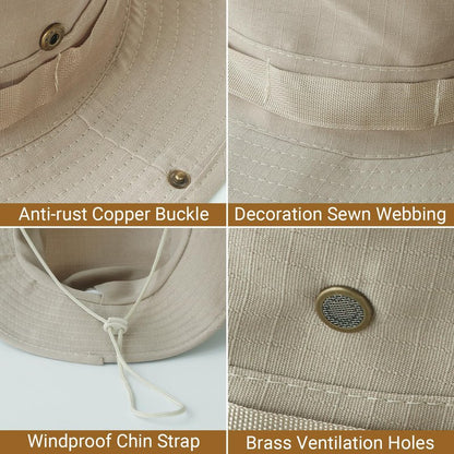 PFFY Sun Boonie Hats for Men UPF 50+ Bucket Hat for Fishing Hiking Safari Hunting Khaki（with Webbing