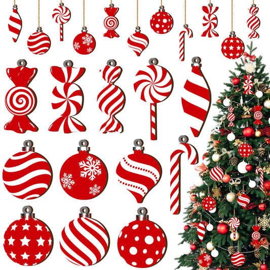 Christmas Candy Lollipop Ornaments Set -24Pcs for Xmas Tree Decoration Wooden Hanging Peppermint Candy Cane Ball Pendants for New Year Home Decor Party Supplies (Red)