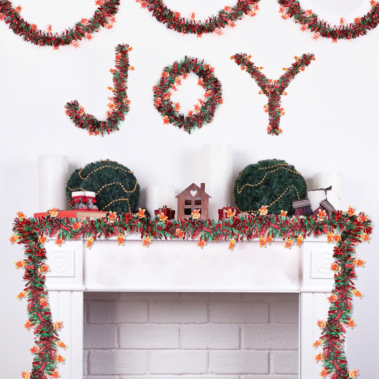 Christmas Garland Decorations 33 FT Red Green Christmas Tinsel Garland with Gingerbread Man Ornaments, Metallic Christmas Tree Garland Indoor Outdoor for Home Mantle Fireplace Xmas Holiday Party Decor