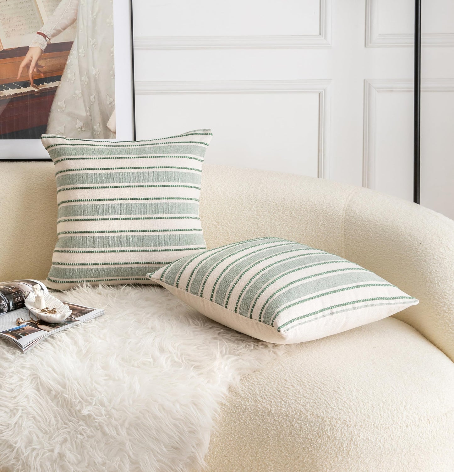 Cethom Decorative Boho Throw Pillow Covers, Farmhouse Textured Pillow Case, 20 x 20 Inch Set of 2, Chair Sofa Bedroom Living Room Home Decor Couch Cushion Case, Green and Beige Striped