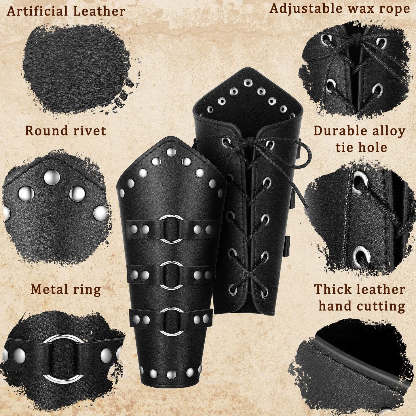 Patelai 1 Pair Faux Leather Arm Guards Arm Bracers Leather Gauntlet Medieval Viking Cosplay Accessories for Men Women(Black,S)