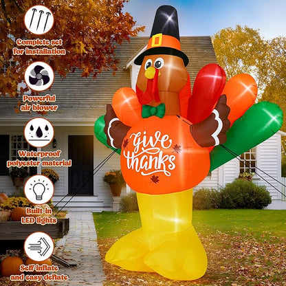 14FT Thanksgiving Inflatables Turkey, Giant Blow Up Turkey with Colorful Tail, Lighted Thanksgiving Outdoor Decorations Give Thanks Turkey Pumpkin for Fall Autumn Harvest Holiday Yard Decor