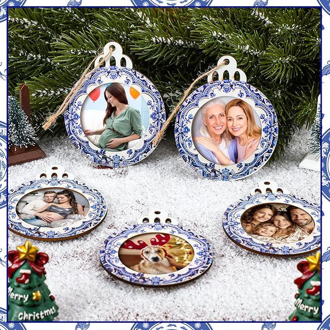 Blulu 24 Pcs Christmas Pictures Frame Ornaments Bulk Blue and White Chinoiserie Photo Frames Ornaments Wooden Blue Christmas to Put Pictures in Stocking Stuffers
