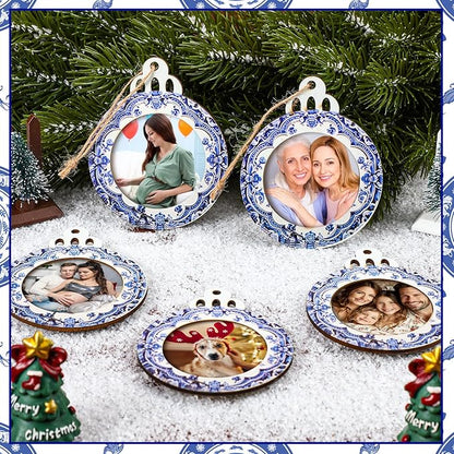Blulu 24 Pcs Christmas Pictures Frame Ornaments Bulk Blue and White Chinoiserie Photo Frames Ornaments Wooden Blue Christmas to Put Pictures in Stocking Stuffers