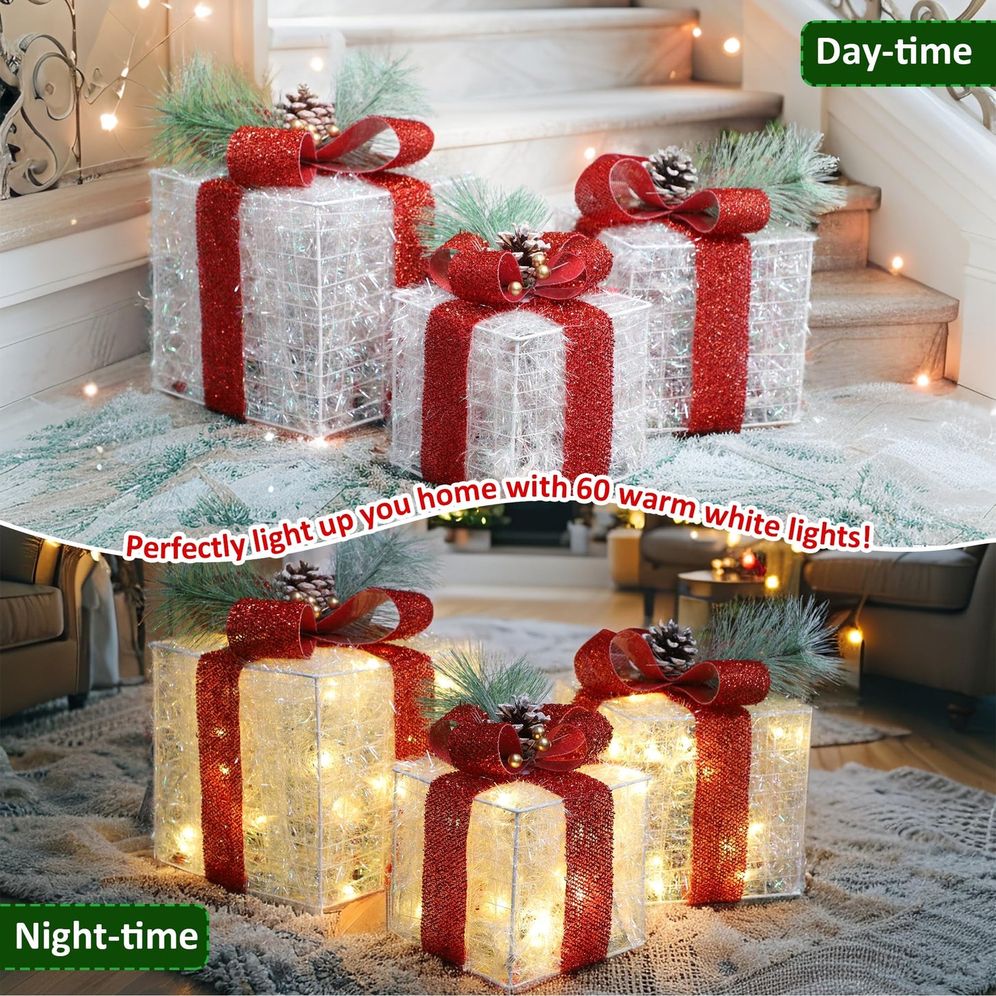 Teoytm Set of 3 Christmas Lighted Gift Boxes Decorations, Lighted Present Box for Christmas Under Tree Indoor Decoration