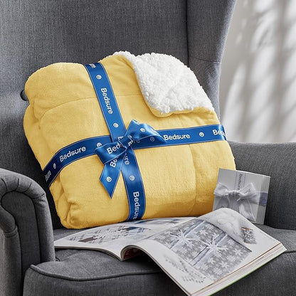 Bedsure GentleSoft Sherpa Fleece Blankets Queen Size for Bed - Thick and Warm, Soft Fuzzy Plush Queen Blanket for Winter, Yellow, 90x90 Inches