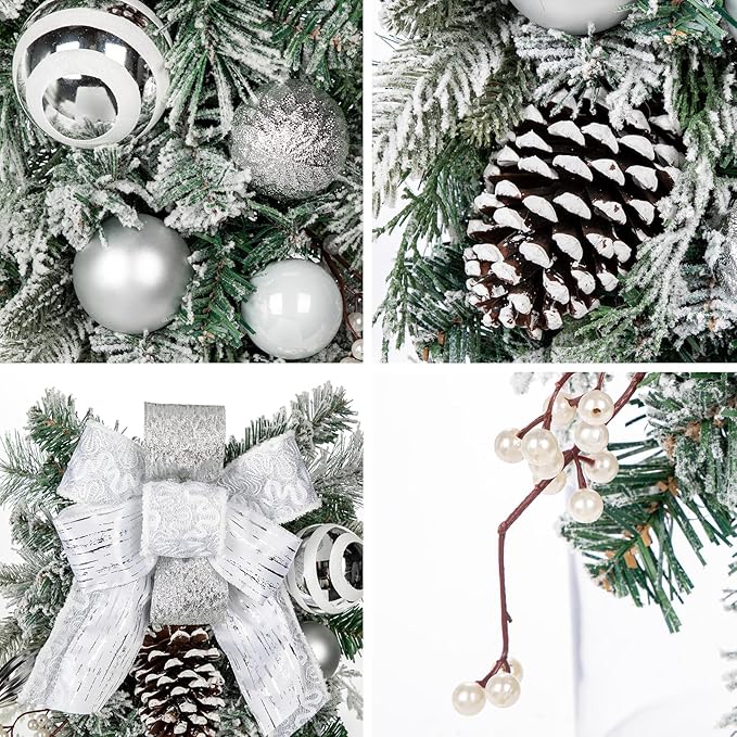 30" Christmas Teardrop Swag for Front Door Artificial Winter Swag Garland with Pine Cones, Berry Clusters, White Ball Ornaments and Ribbons for Thanksgiving Holiday Christmas Decoration