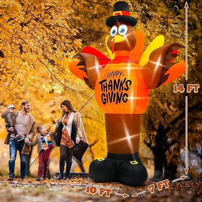 14FT Thanksgiving Turkey Inflatables, Extra Large Blow Up Thanksgiving Turkey Wearing Pumpkins, Pre-lit Happy Thanks Giving Outdoor Inflatable Decorations