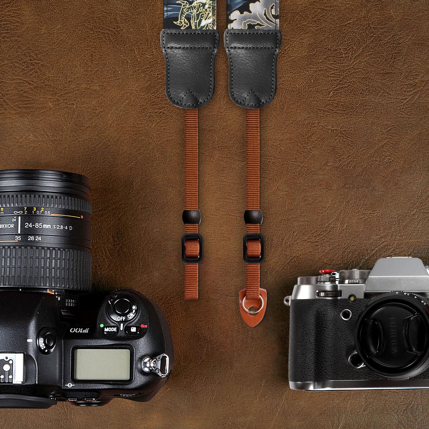 Padwa Lifestyle Blue Wave Camera Strap - 2" Cowhide Leather Head Cotton Camera Straps for Photographers,Vintage Japanese Art Print Adjustable Neck & Shoulder Strap for ALL DSLR/SLR Cameras