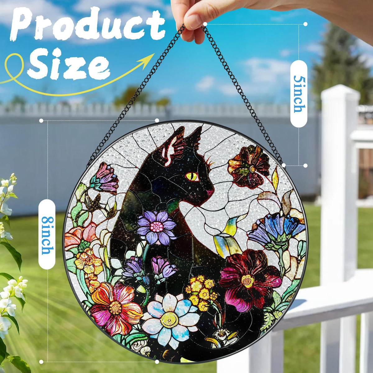 Stained Glass Window Hanging, 8 Inch Black Cat Sun Catcher, Stained Glass Suncatcher, Suncatchers for Windows, Window Decor Hanging, Cats Lover Gifts, Cat Lover Decor, Gifts for Cats Lovers