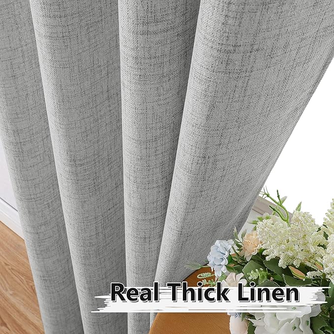 Tollpiz Linen Curtains Bedroom Rod Pocket Semi Sheer Curtain Burlap Light Filtering Thick Linen Drapes for Living Room, 54 x 84 inches Long, Silver Grey, Set of 2 Panels