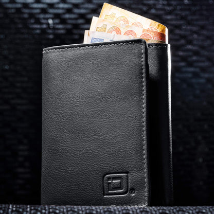 ID Stronghold Men's Leather Trifold Wallet - RFID Blocking - Black Wallet with Gift Box
