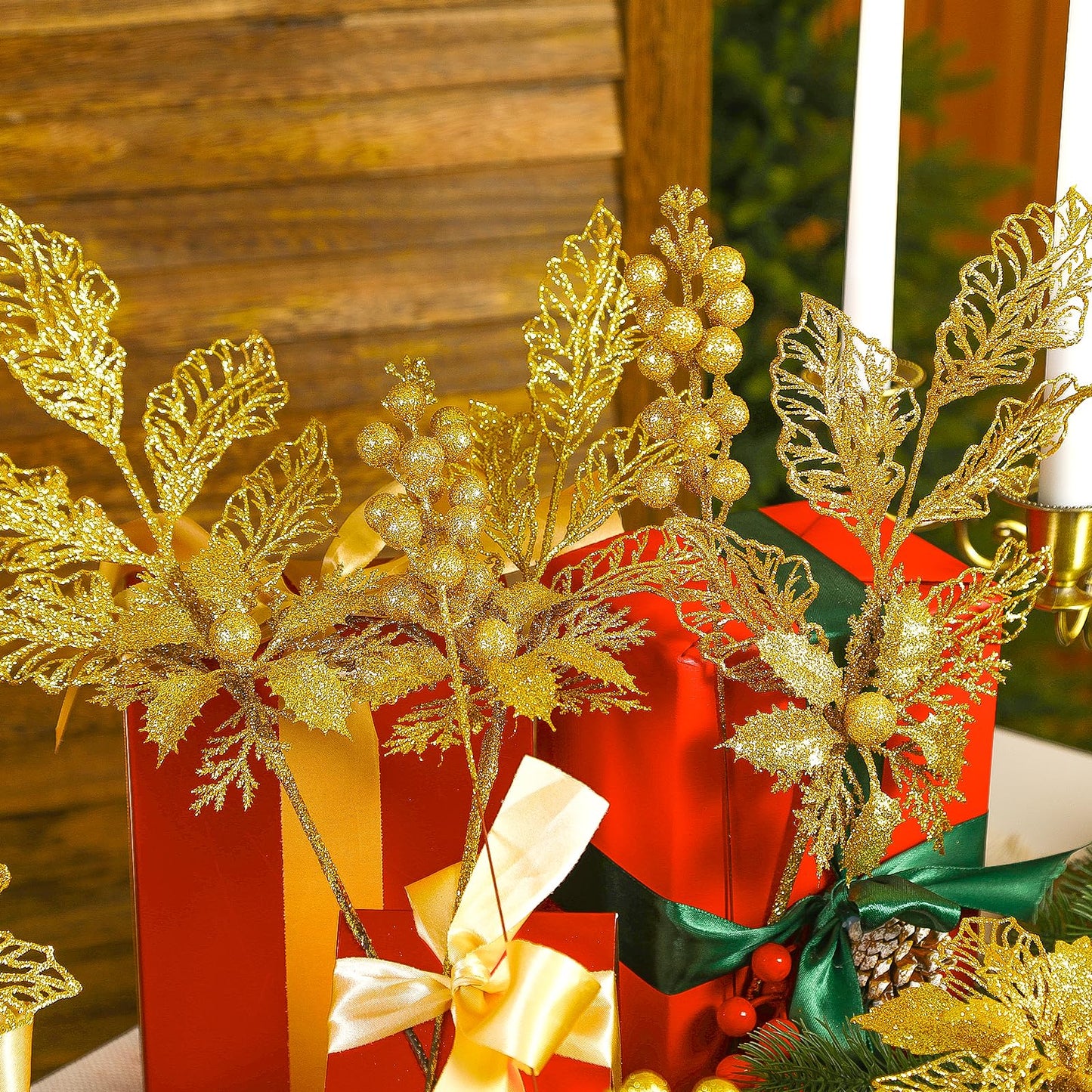 Alupssuc 24 PCS Christmas Tree Decorations, 12 PCS Poinsettia Flowers Artificial+6 PCS Glitter Holly Berry Stems+6 Berry Leaves Christmas Tree Picks for Party Wreath Fireplace, Gold