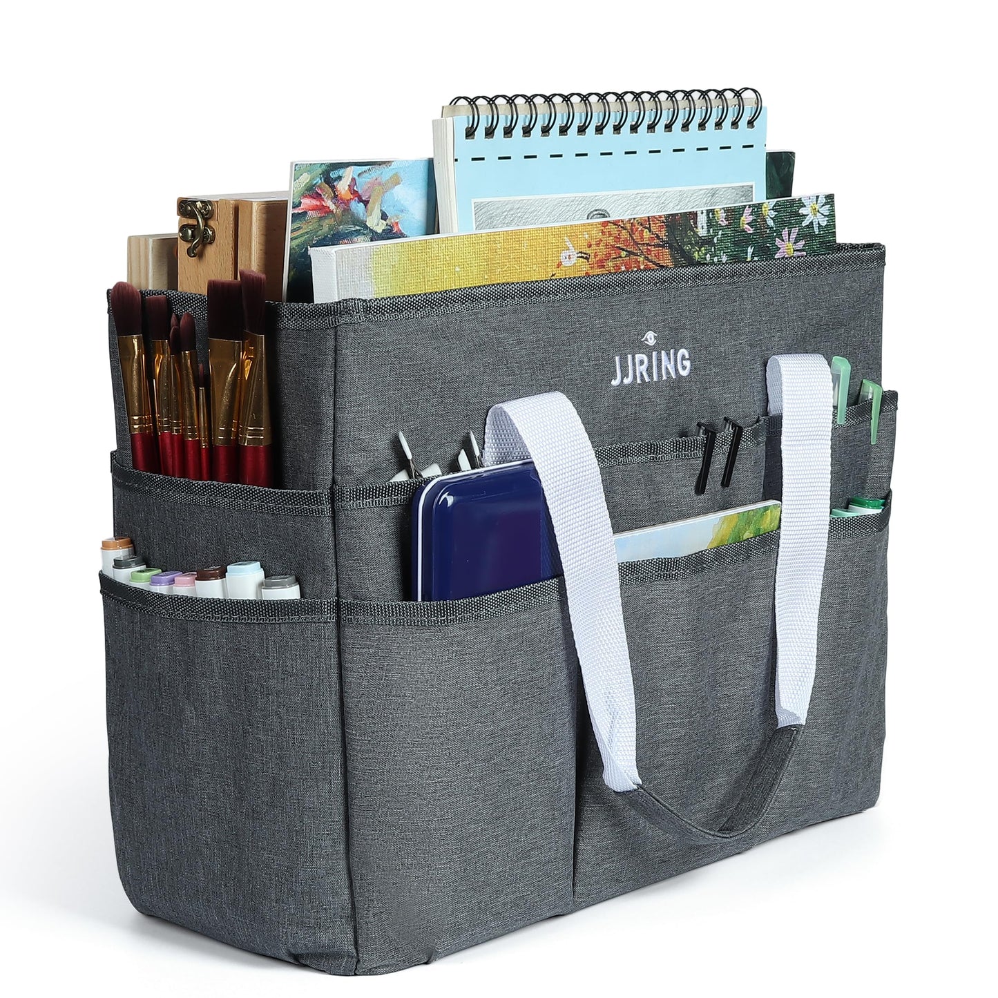 JJRING Craft Organizer Tote Bag, Large Art Storage Caddy with Multiple Pockets, Gray Sewing Bag for Art, Craft, Scrapbooking, School, Medical, and Office Supplies Storage
