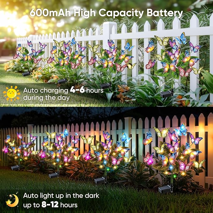Solar Lights Outdoor Garden Decor: Gardening Gifts for Women Mom - 4 Pack 68 Butterfly Solar Lights with Colorful Bulbs - Outside Waterproof Christmas Decorations for Yard Patio Pathway Porch Lawn