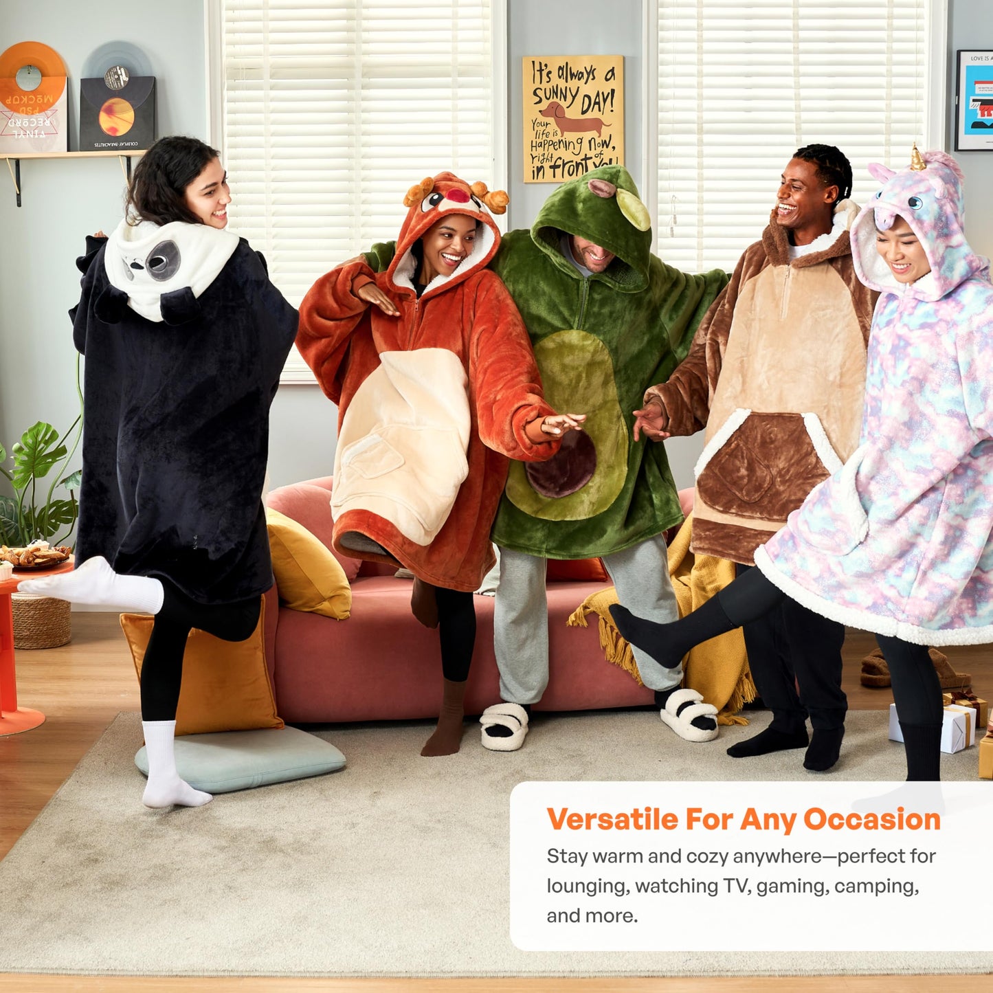 Giggling Getup Wearable Blanket Hoodie for Women Men Sherpa Fleece Hooded Blanket Sweatshirt Warm Cozy Sherpa Wearable Throw Oversized Hoodie with Giant Pocket & Sleeves for Adult Christmas Reindeer