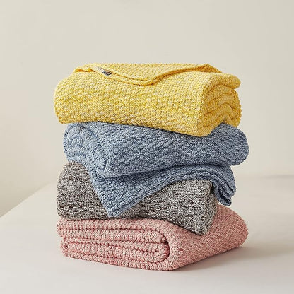 Longhui bedding Yellow Knitted Throw Blanket for Couch Sofa Bed, Soft, Cozy Machine Washable 100% Cotton Sofa Cable Knit Blankets, Large 60 x 80 Inches Oversized, Bright Yellow and White Color