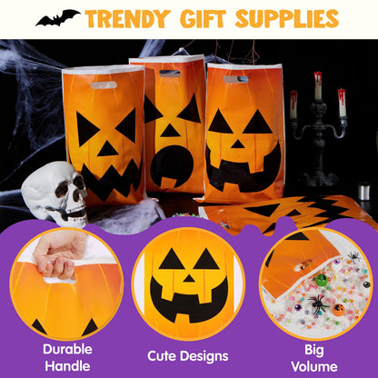 JOYIN 72 Pcs Halloween Goodie Bag, Pumpkin Plastic Candy Bags for Kids trick or treating, Halloween Jack o' Lantern Trick or Treat Bags for Snacks Party Favors, Treats Party Supplies