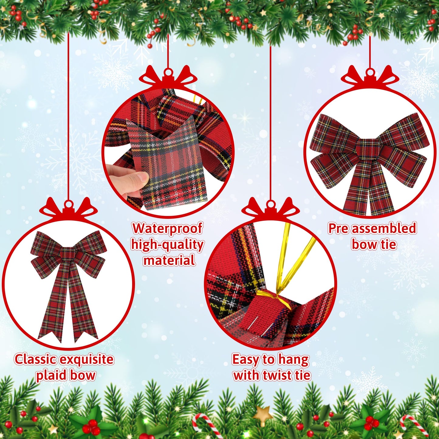 1 PCS Christmas Tree Bows, 9x12 In Large White Black Red Velvet Bows for Christmas Tree, Buffalo Plaid Plastic Big Christmas Bow for Xmas Decorations Wreath Stairs Railing Fireplace Front Door Decor