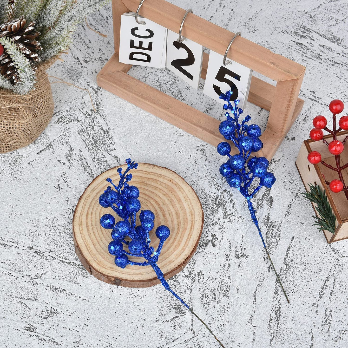 Lvydec 16pcs Christmas Glitter Berry Stems, 7.8" Artificial Christmas Picks for Christmas Tree Ornaments, DIY Xmas Wreath, Crafts, Holiday and Home Decor (Dark Blue)