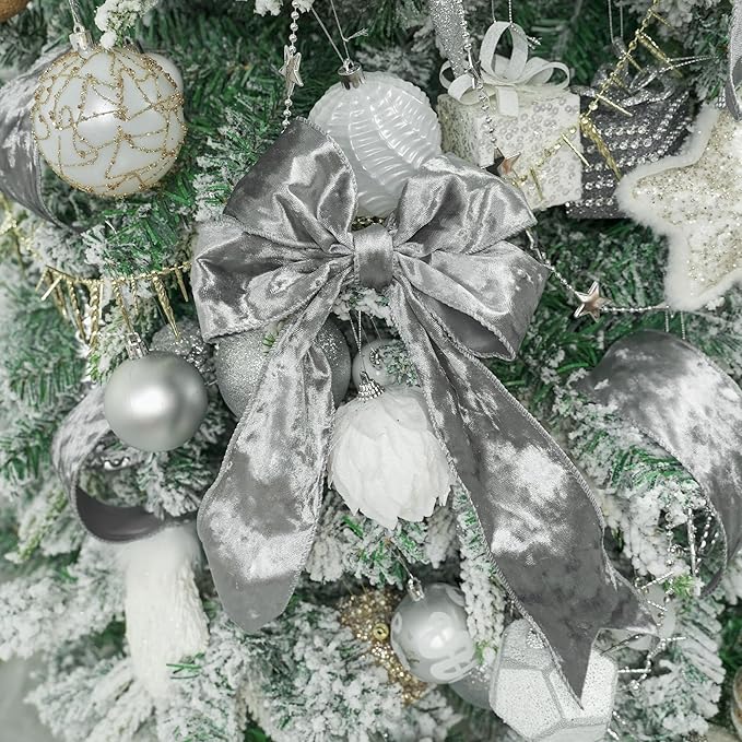 MEEDEE Silver Velvet Ribbon - 2.5 Inch Wired Velvet Crushed Silver Christmas Ribbon, 10 Yards for Tree Decoration, Wreath Supplies, Crafts Bow Making