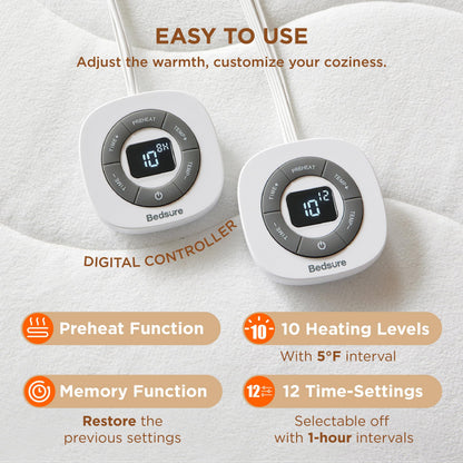 Bedsure Heated Mattress Pad King - Bed Warmer with Memory & Preheat Functions, 12-Hour Auto Off & 10 Heat Settings, Dual Controllers, Fast Heating, Brushed Electric Mattress Pad King, 78"x80"
