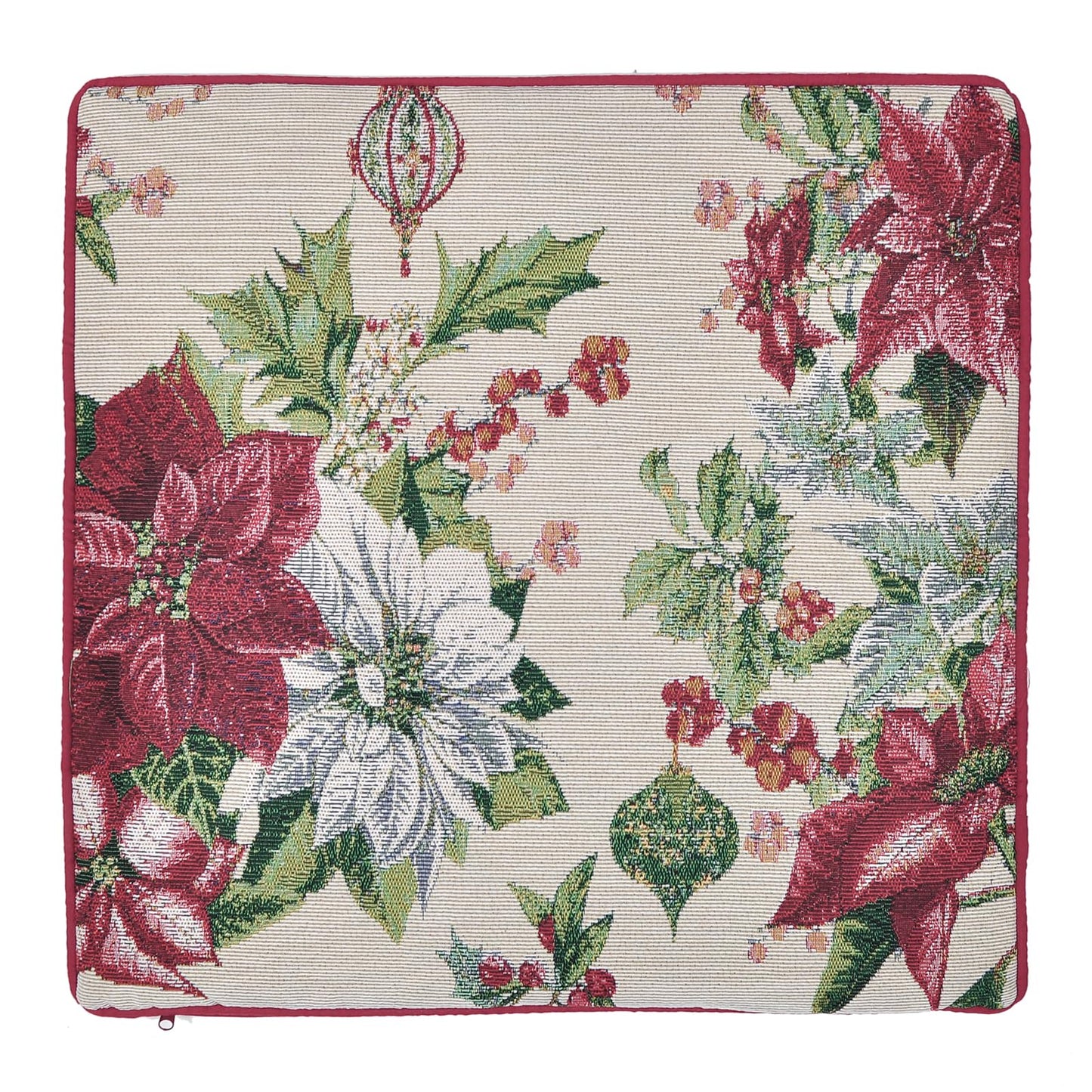 Christmas Tapestry Throw Pillow Cover 18x18 Inch - Festive Woven Jacquard Poinsettia & Holly Cushion Case - Red Piped Edges, Hidden Zipper - Decorative Holiday Home Decor for Sofa/Couch
