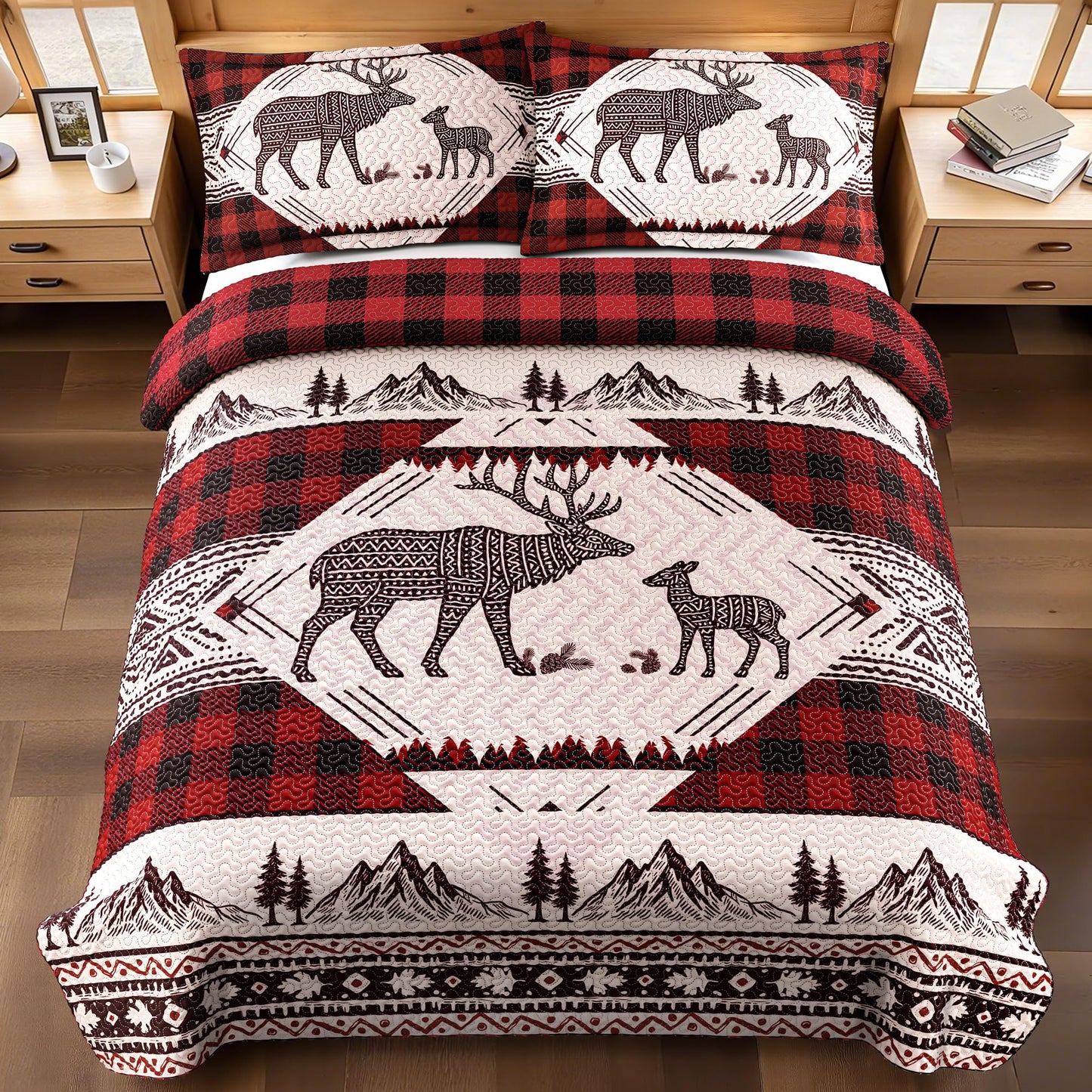 3 Piece Cabin Full/Queen Quilt Sets Christmas Rustic Reversible Microfiber Soft Lightweight Farmhouse Bedspread Comforter with 2 Shams Patchwork Country Lodge Bedding for All Season, 90''x96'', Red