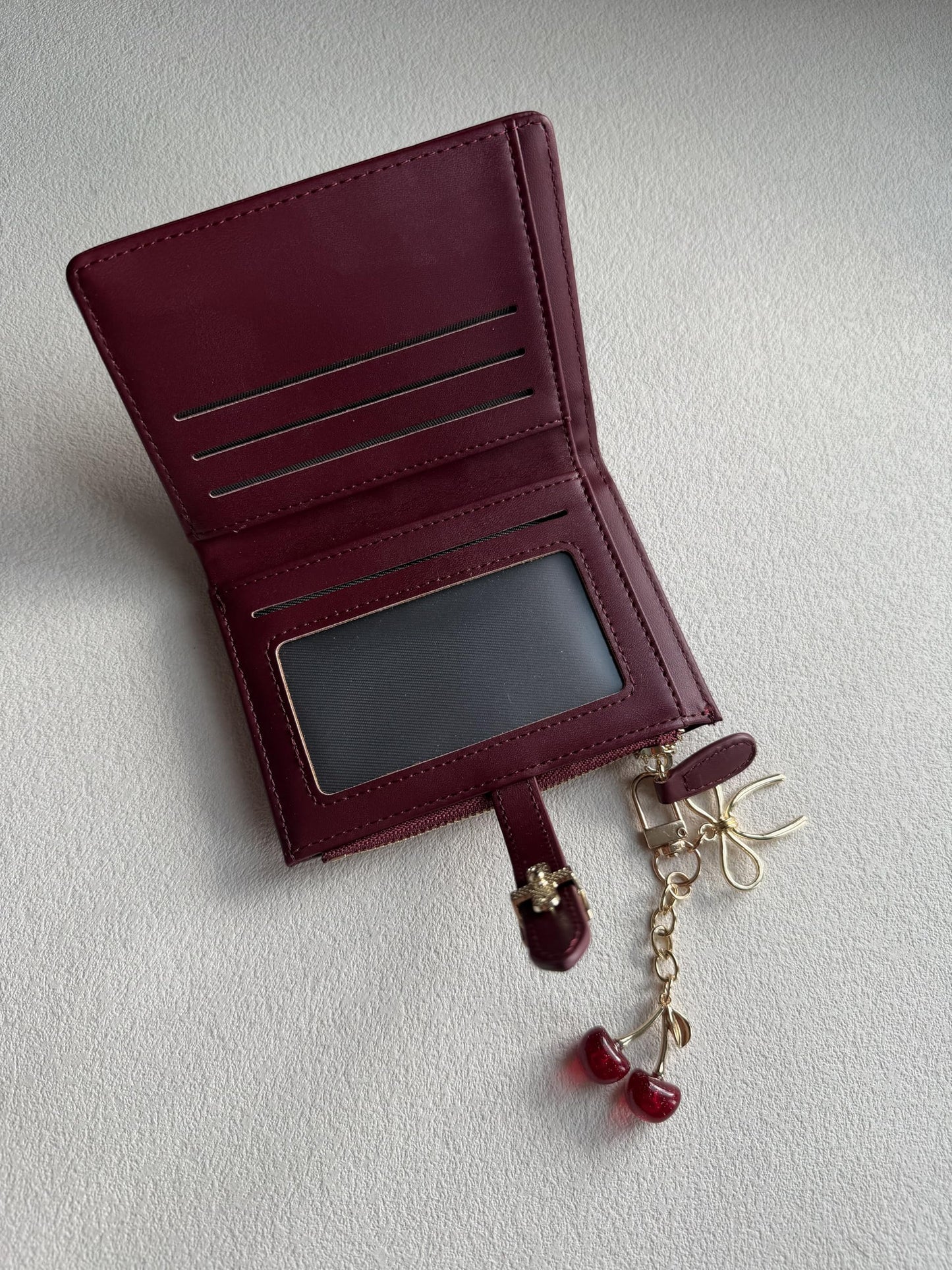 Ninmon Shares Small Wallet for Women Wine Red PU Leather Trifold Card Holder with Coin Pocket & Red Cherry Keychain (Red)