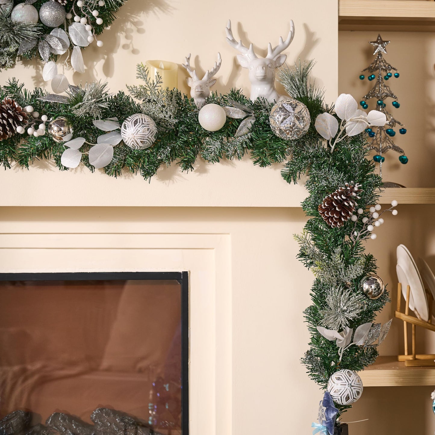 Valery Madelyn 9 Feet Pre-Lit Christmas Garland with Lights for Mantle, Lighted Outdoor Xmas Garland with Snowy White Ball Pinecones for Home Stairs Fireplace Table Centerpiece Indoor Holiday Decor