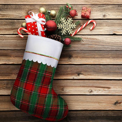 URATOT 12 Pack 15 Inches Christmas Stockings Red and Green Plaid Pattern Felt Christmas Holiday Stockings Christmas Tree Hanging Ornaments Xmas Fireplace Decoration Set